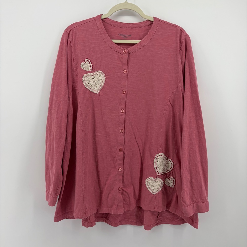 Coldwater Creek Womens 1X Pink Cardigan‎ Top Crochet Heart Applique Slub Cotton